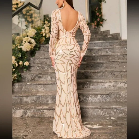 Luxe long sleeve party formal sequins dress Wedding